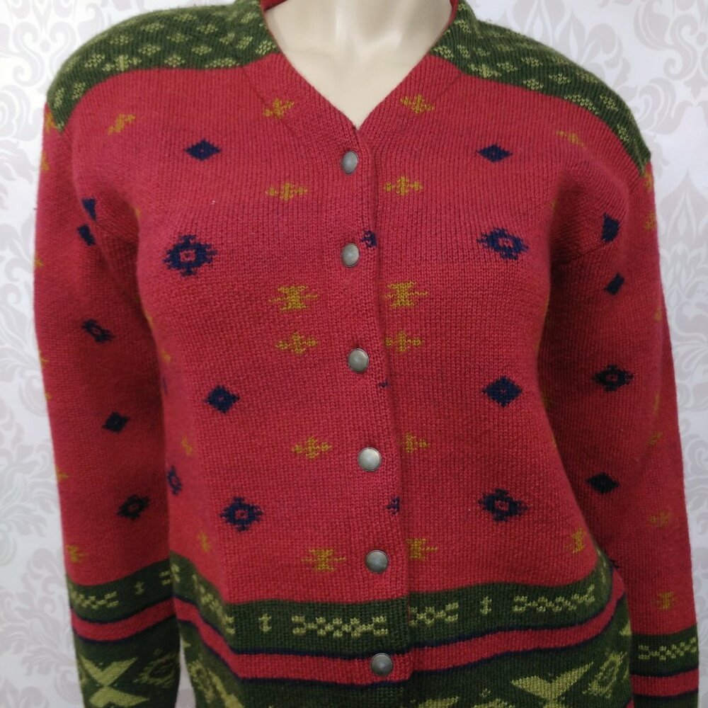 Vintage 90s Aztec Wool Cardigan Sweater Womens M Red Green Button Front - Picture 12 of 12